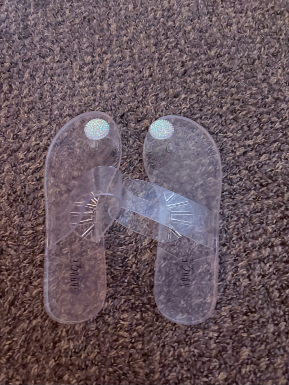 Transparent Jelly Flip Flop Sandals with Rhinestone Accent - Clear